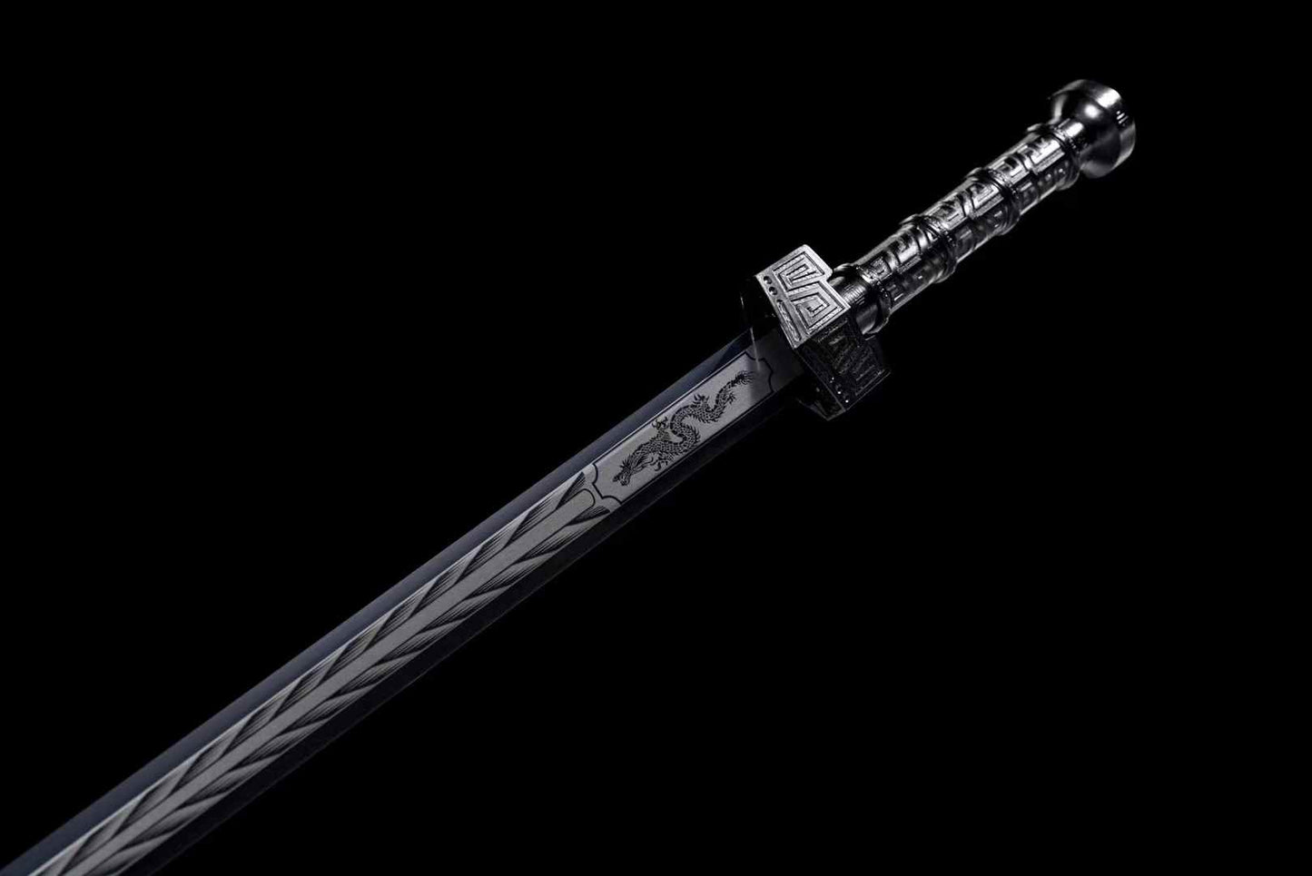 Black Qin Jian | Hand-Forged High Manganese Steel Chinese Sword with Blackened Blade & Leather-Wrapped Scabbard