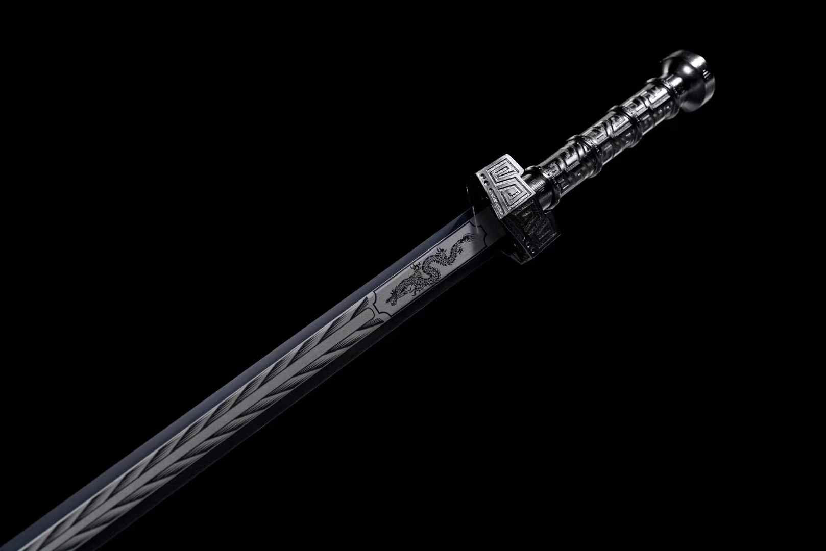 Black Qin Jian | Hand-Forged High Manganese Steel Chinese Sword with Blackened Blade & Leather-Wrapped Scabbard