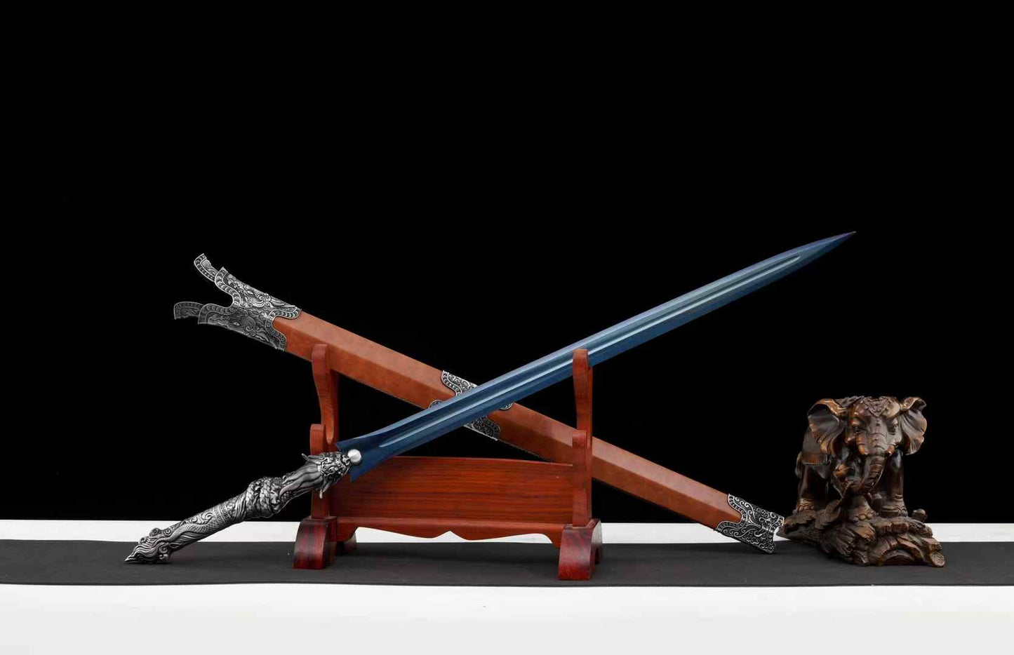 Panlong Jian – Dragon Handle Chinese Sword with Blue Blade & Wood Scabbard