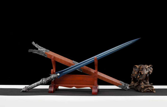 Panlong Jian – Dragon Handle Chinese Sword with Blue Blade & Wood Scabbard
