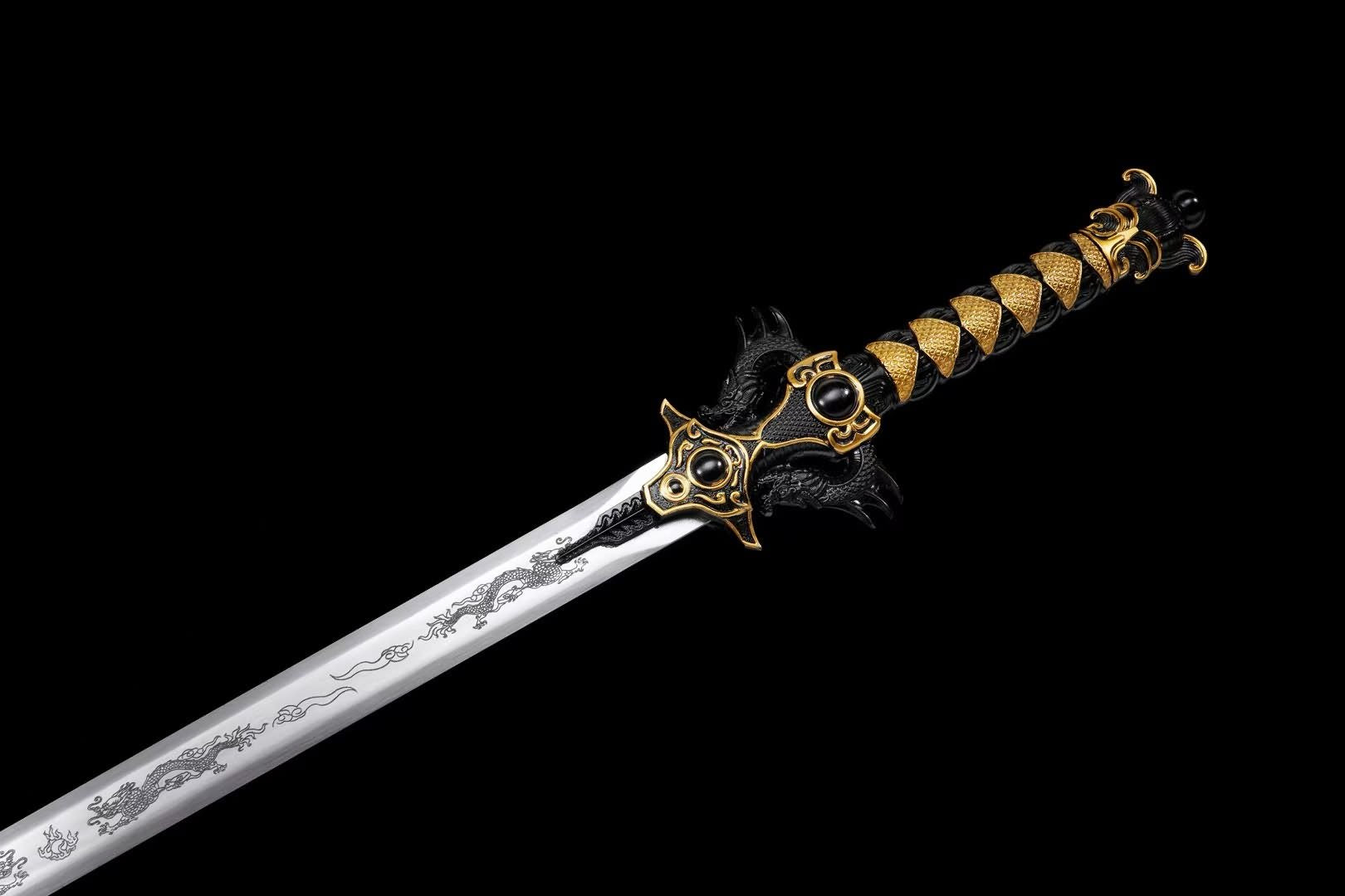 Double-Dragon Jian | Hand-Forged High Manganese Steel Chinese Sword with Dragon Engraving & Alloy Fittings