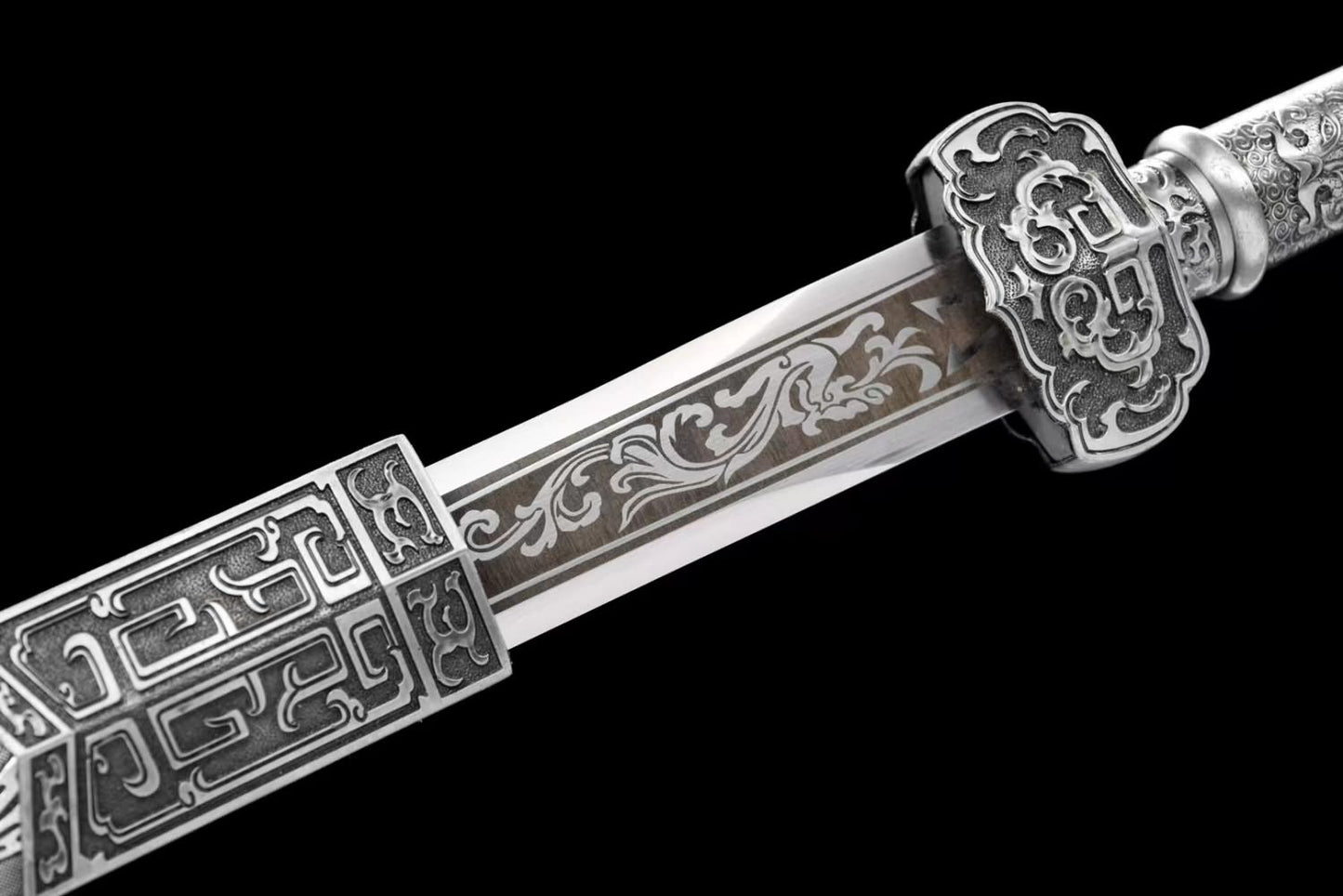 Ruyi jian Sword,Forged High Carbon Steel Etched Blade,Solid Wood Wrapped Faux Leather Scabbard,Alloy Fittings