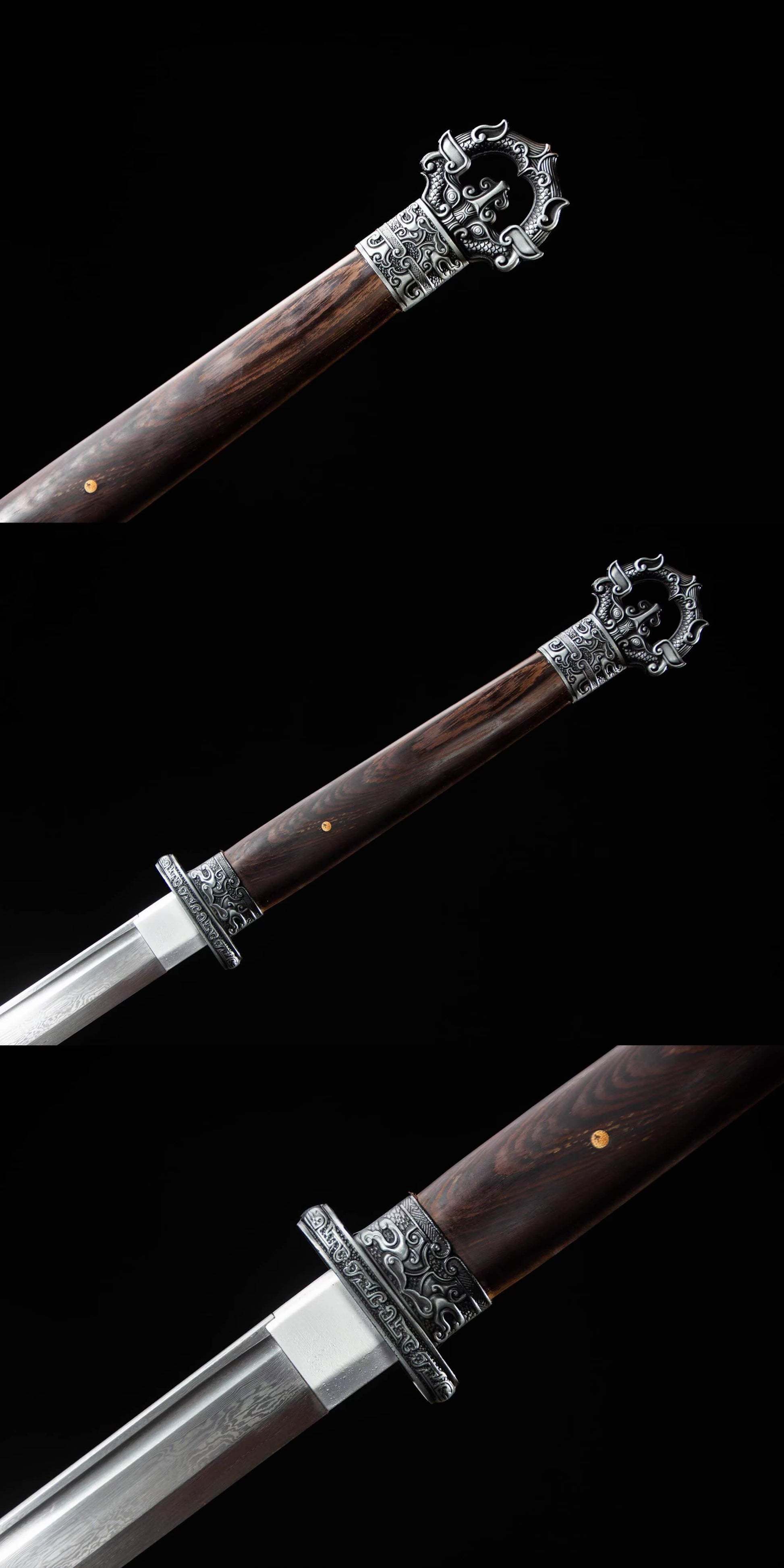 Traditional Chinese Tang dao Sword with Damascus Steel Blade and Alloy Fittings - Rosewood Scabbard