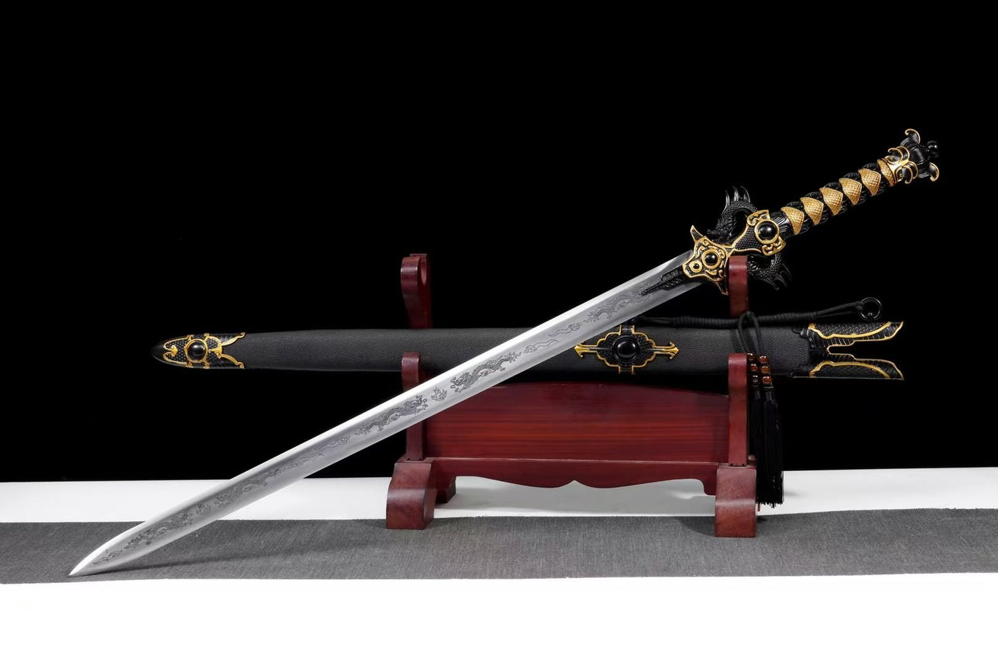 Double-Dragon Jian | Hand-Forged High Manganese Steel Chinese Sword with Dragon Engraving & Alloy Fittings