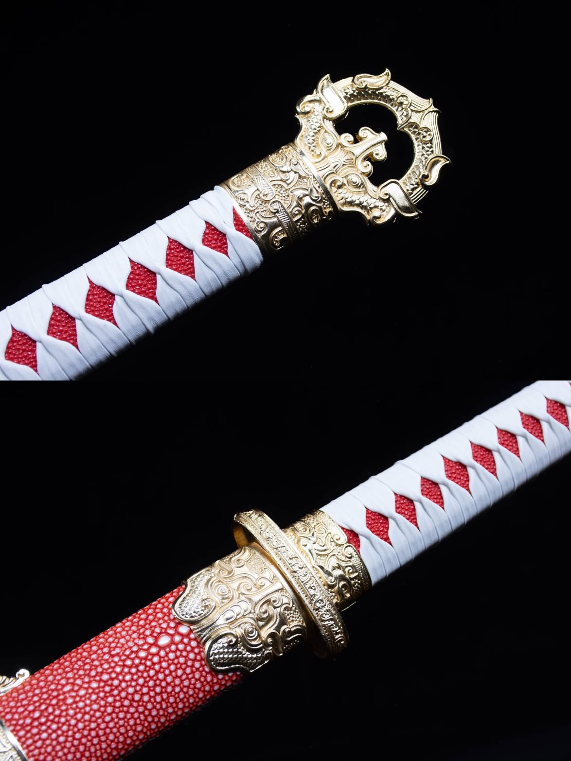 Round Head Tang jian,Battle Ready,Forged Blades,Red Fake Leather Scabbard