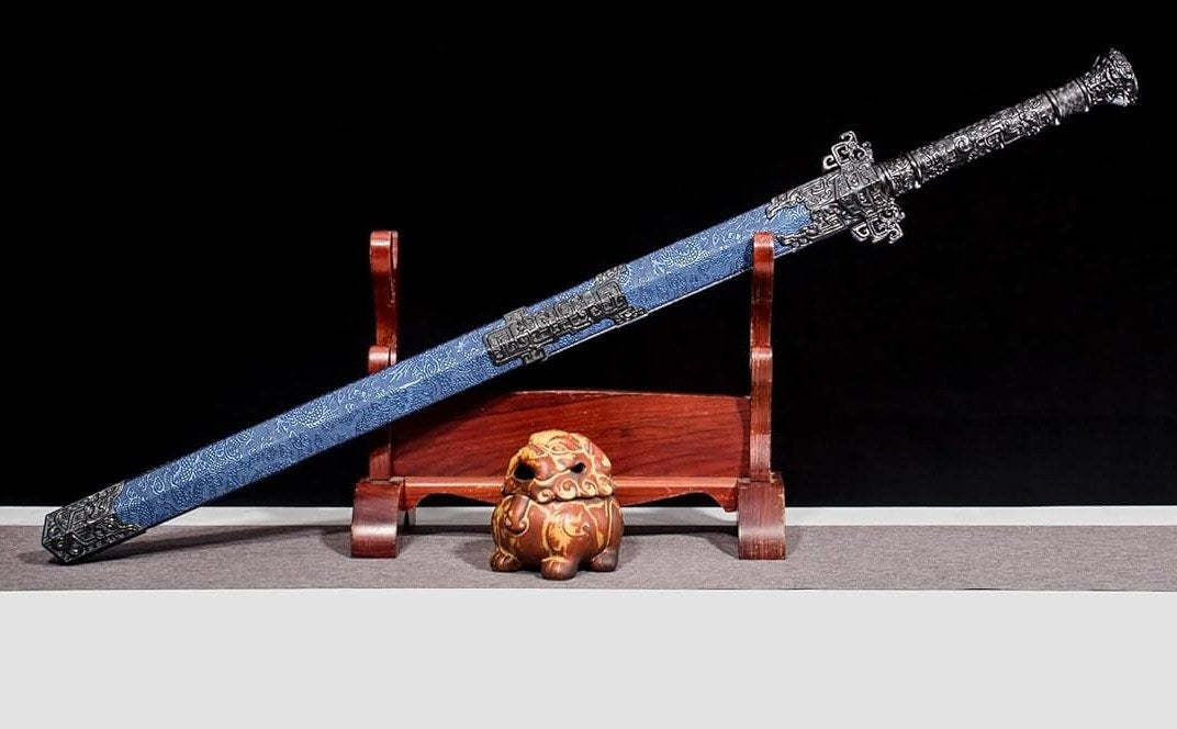 Golden Han Jian – Pattern Engraved Chinese Straight Sword with Blue Scabbard - Chinese Sword store