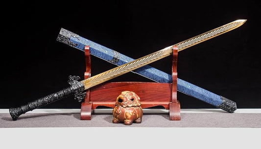 Golden Han Jian – Pattern Engraved Chinese Straight Sword with Blue Scabbard