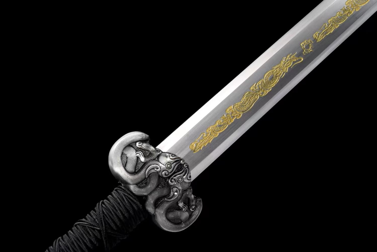 Han jian Sword Forged High Carbon Steel Etched Blade,Alloy Fittings,White Leather