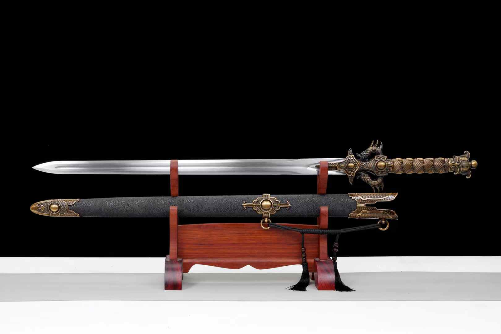 Double-Dragon Jian | Hand-Forged High Manganese Steel Chinese Sword with Dragon Relief Fittings & Black Scabbard