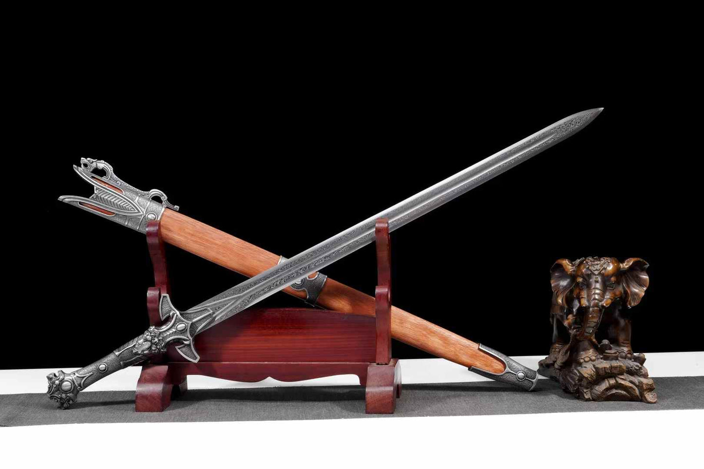 Tianji Chinese Jian 40.9″ | Folded Damascus High-Mn Steel, Rosewood Scabbard