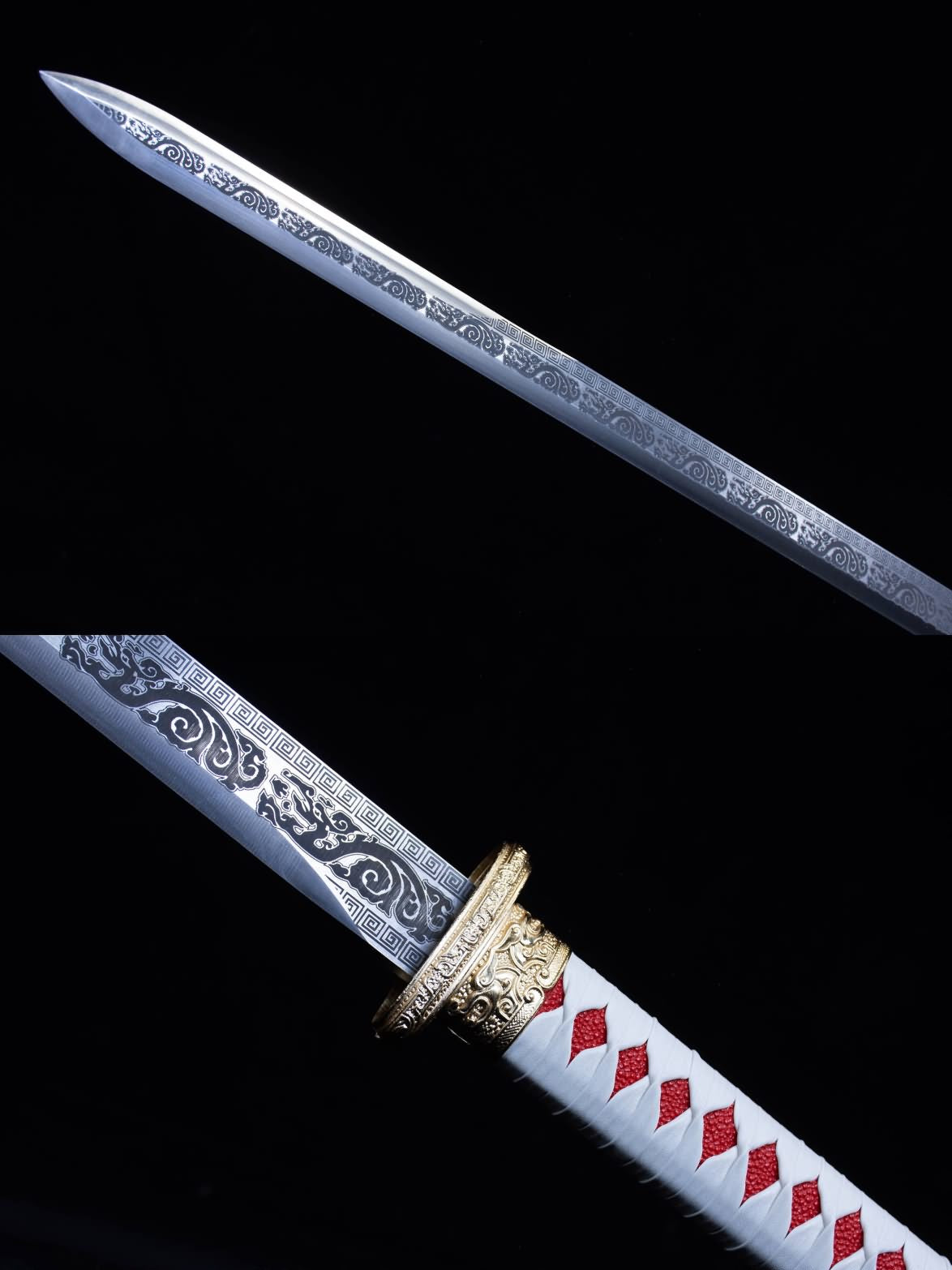 Round Head Tang jian,Battle Ready,Forged Blades,Red Fake Leather Scabbard