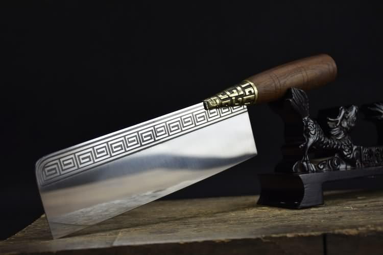 Handmade Chinese Slicing Knife | 7Cr17Mov Stainless Steel Cleaver with Geometric Engraving & Rosewood Handle