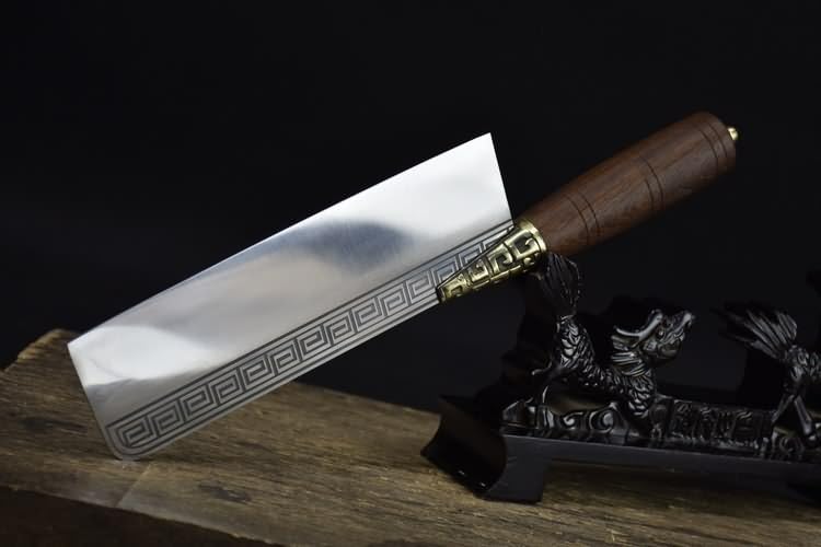 Handmade Chinese Slicing Knife | 7Cr17Mov Stainless Steel Cleaver with Geometric Engraving & Rosewood Handle