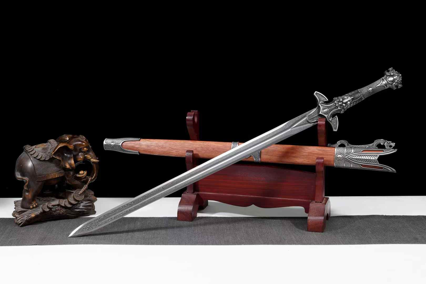 Tianji Chinese Jian 40.9″ | Folded Damascus High-Mn Steel, Rosewood Scabbard