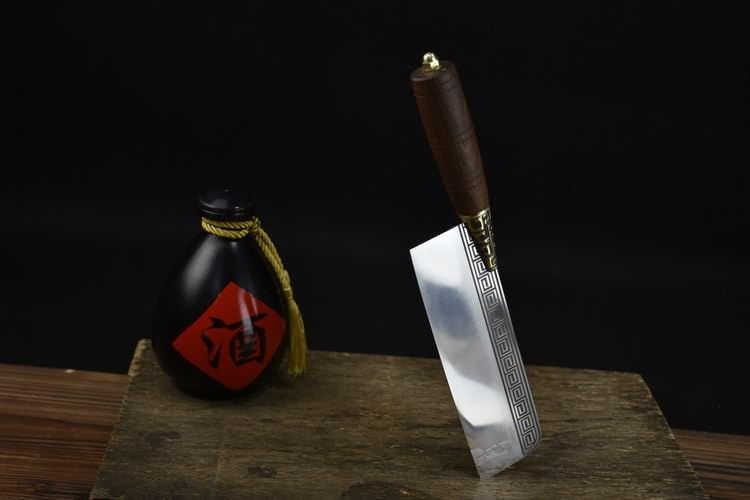 Handmade Chinese Slicing Knife | 7Cr17Mov Stainless Steel Cleaver with Geometric Engraving & Rosewood Handle