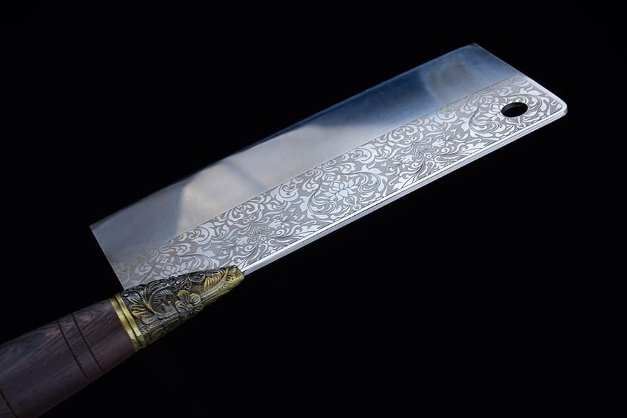 Handmade Chinese Cleaver Knife | 7Cr17Mov Stainless Steel Blade with Floral Engraving & Rosewood Handle