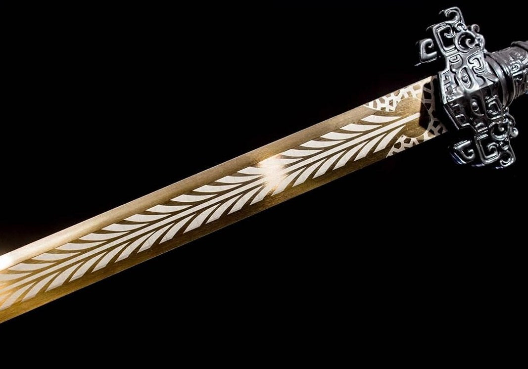 Golden Han Jian – Pattern Engraved Chinese Straight Sword with Blue Scabbard - Chinese Sword store