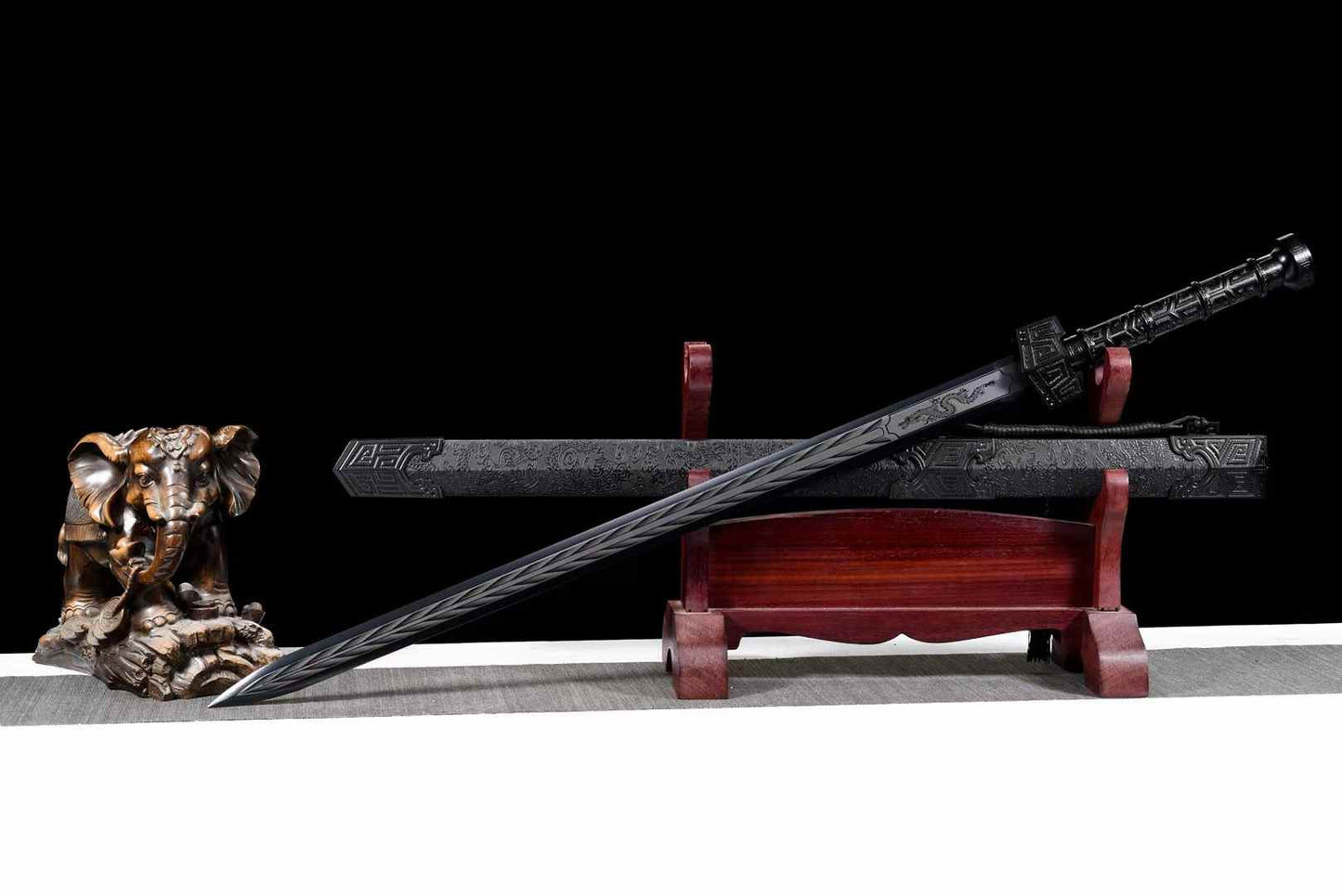Black Qin Jian | Hand-Forged High Manganese Steel Chinese Sword with Blackened Blade & Leather-Wrapped Scabbard