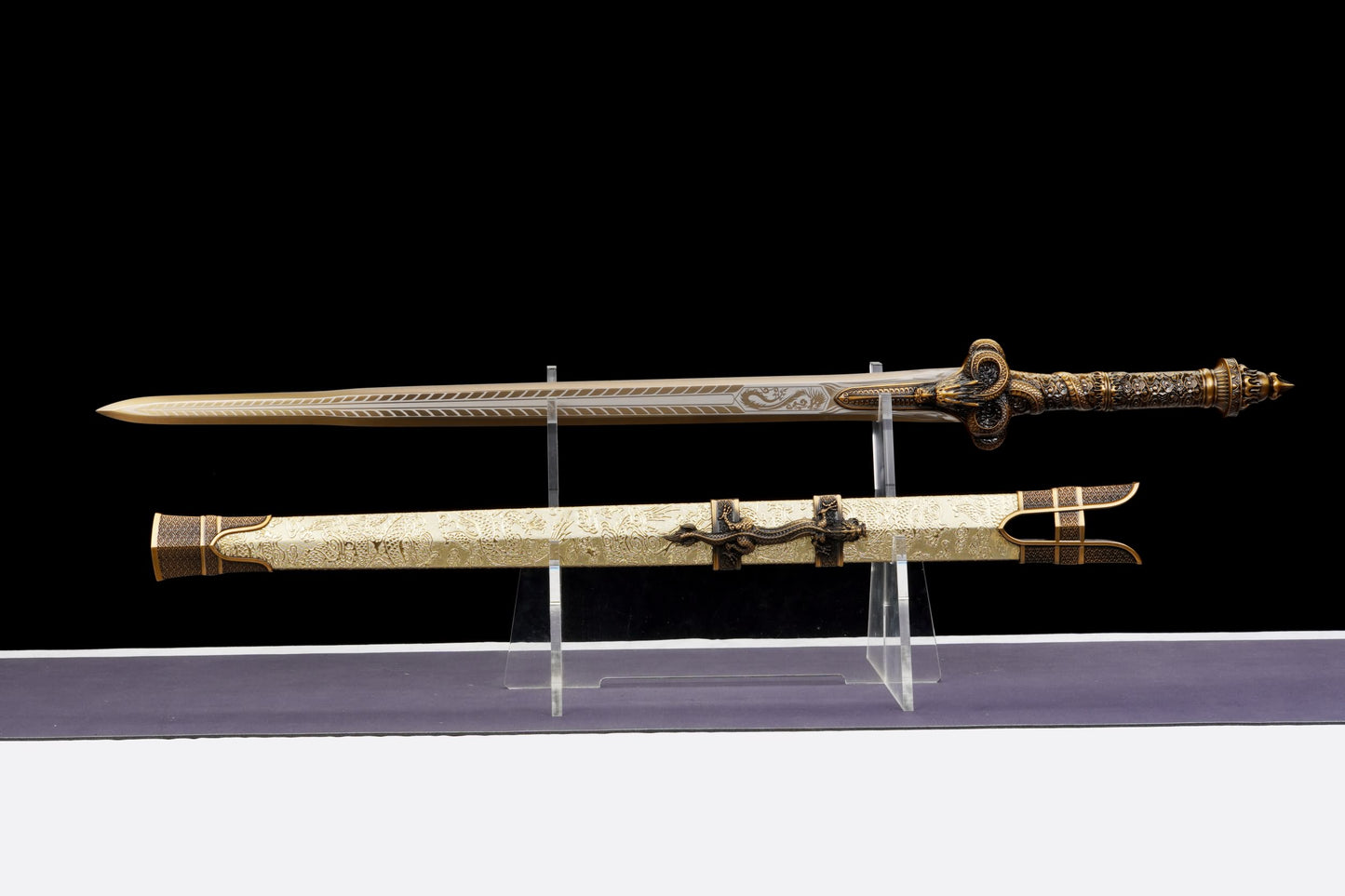 Longyuan Jian – Engraved Chinese Sword with Dragon Scabbard & Brass-Style Fittings