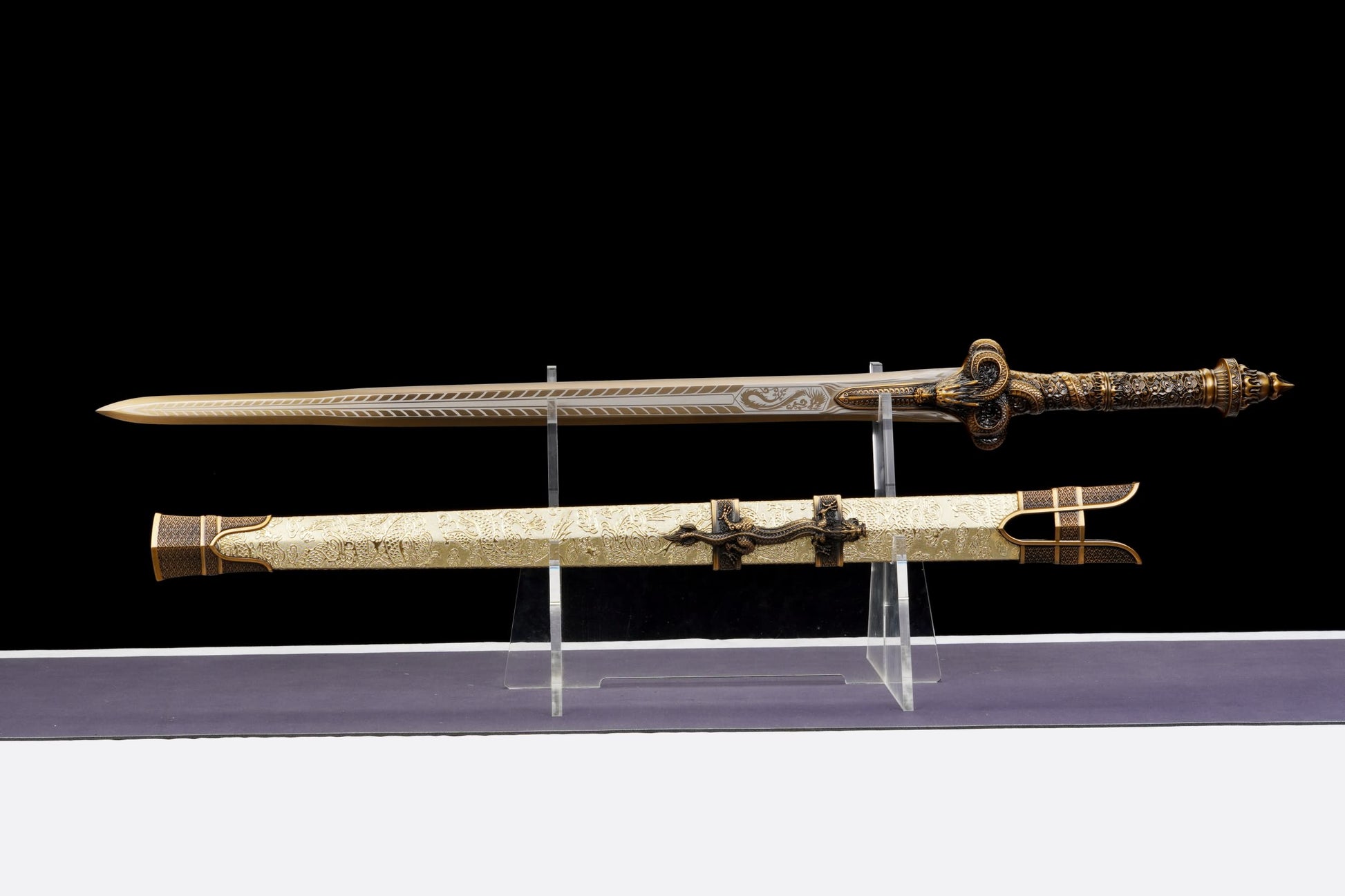 Longyuan Jian – Engraved Chinese Sword with Dragon Scabbard & Brass-Style Fittings