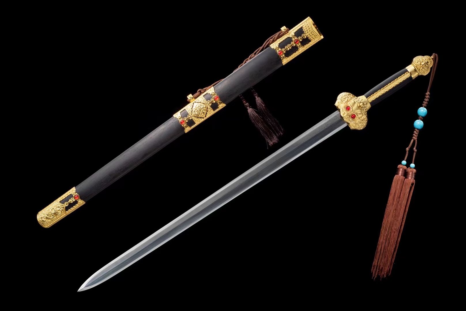 Yongle Jian | Hand-Forged Eight-Facet Pattern Steel Chinese Sword with Ebony Scabbard & Antique Alloy Fittings