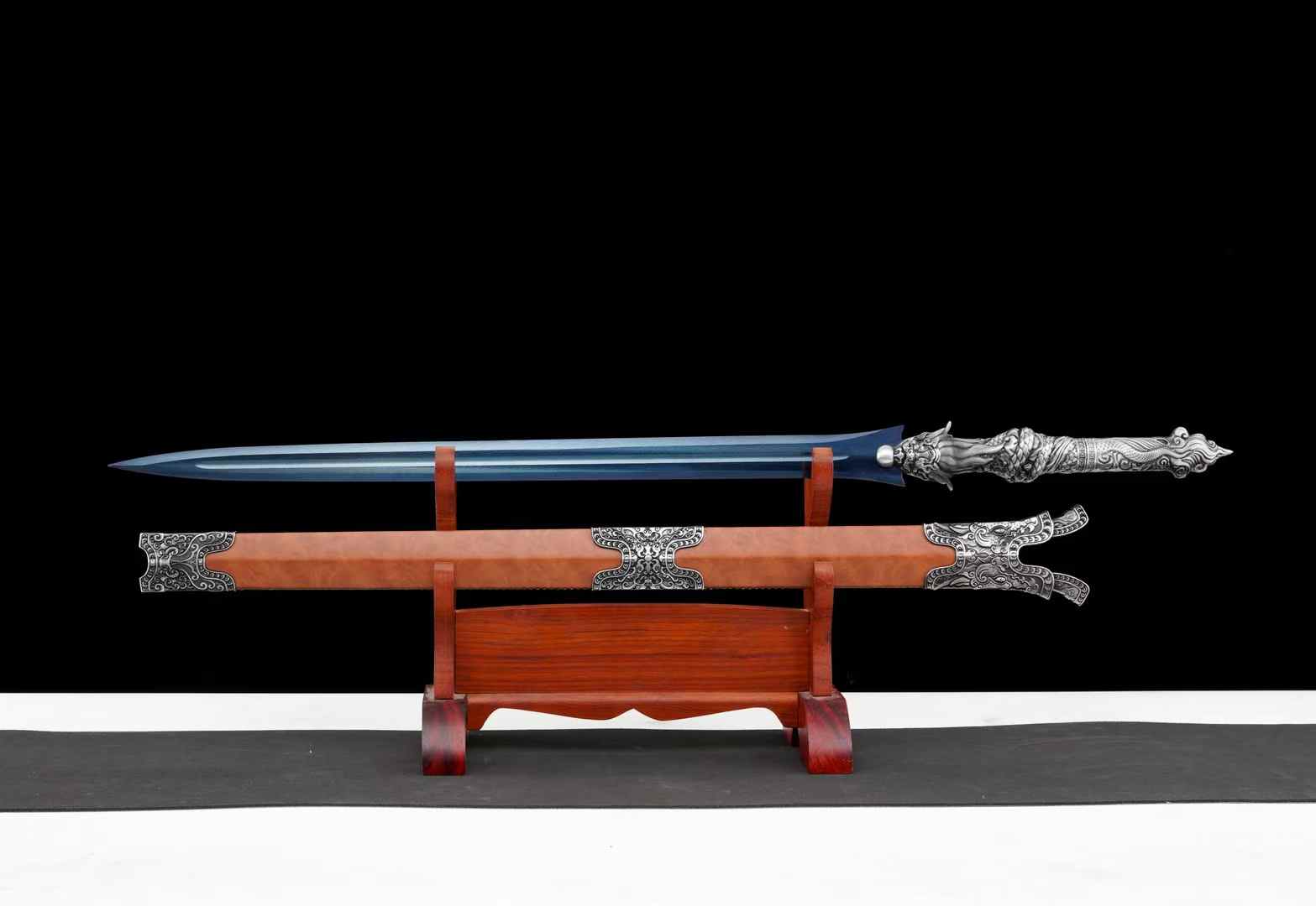 Panlong Jian – Dragon Handle Chinese Sword with Blue Blade & Wood Scabbard