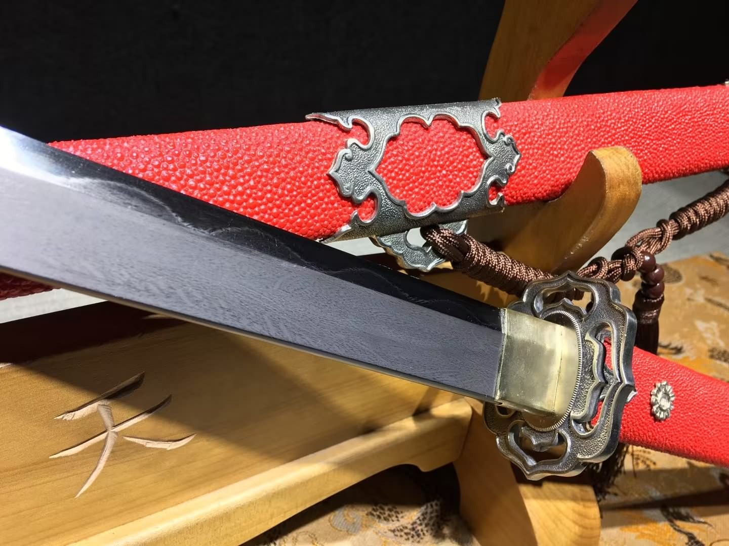 Tang Sword, Damascus Steel Blade, Red Pearl Fishskin Scabbard,Brass Fittings