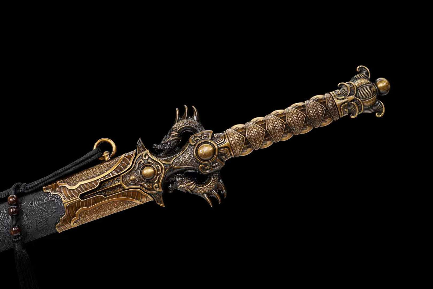 Double-Dragon Jian | Hand-Forged High Manganese Steel Chinese Sword with Dragon Relief Fittings & Black Scabbard