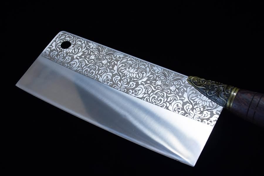 Handmade Chinese Cleaver Knife | 7Cr17Mov Stainless Steel Blade with Floral Engraving & Rosewood Handle