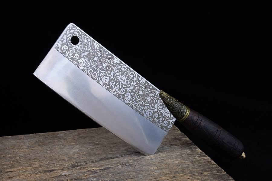 Handmade Chinese Cleaver Knife | 7Cr17Mov Stainless Steel Blade with Floral Engraving & Rosewood Handle