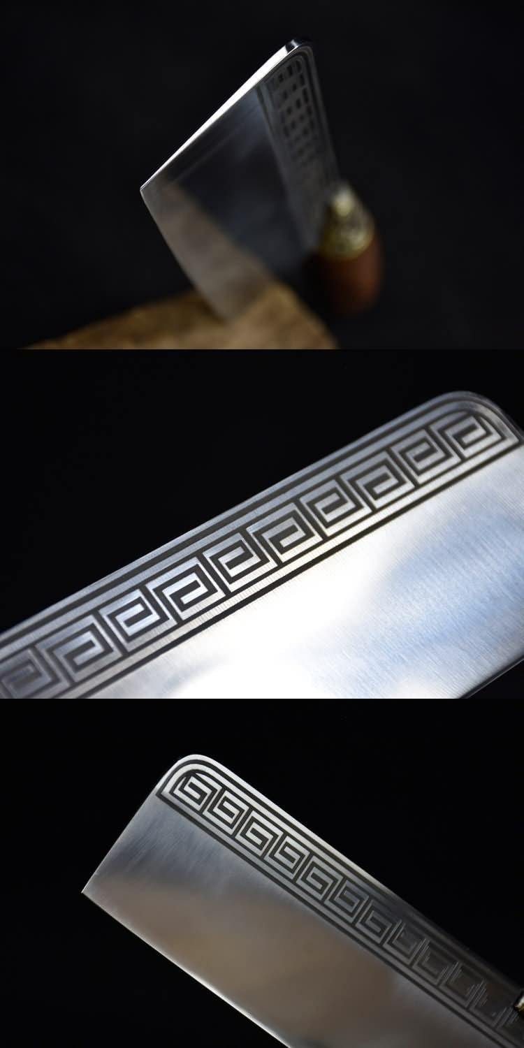 Handmade Chinese Slicing Knife | 7Cr17Mov Stainless Steel Cleaver with Geometric Engraving & Rosewood Handle