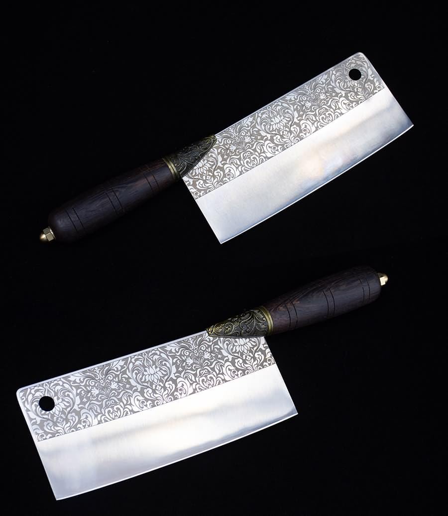 Handmade Chinese Cleaver Knife | 7Cr17Mov Stainless Steel Blade with Floral Engraving & Rosewood Handle