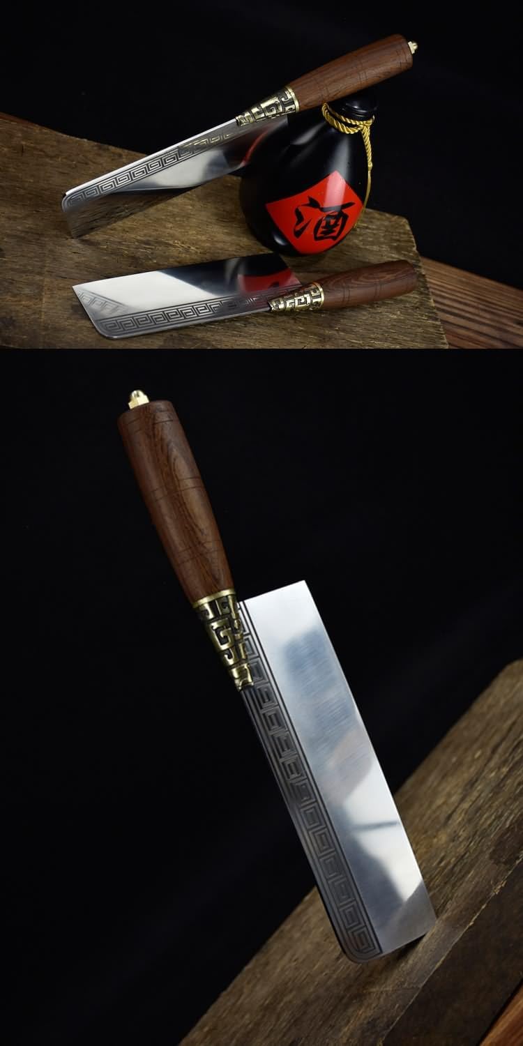 Handmade Chinese Slicing Knife | 7Cr17Mov Stainless Steel Cleaver with Geometric Engraving & Rosewood Handle