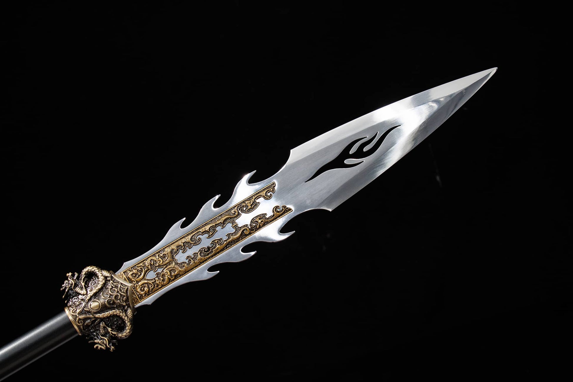 Flame Spear | Hand-Forged High Manganese Steel Chinese Polearm with Dragon Relief Fittings for Wushu & Display