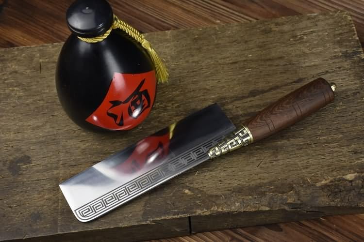 Handmade Chinese Slicing Knife | 7Cr17Mov Stainless Steel Cleaver with Geometric Engraving & Rosewood Handle