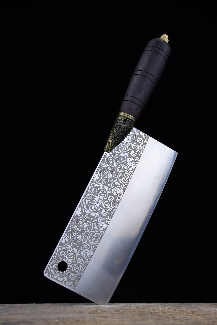 Handmade Chinese Cleaver Knife | 7Cr17Mov Stainless Steel Blade with Floral Engraving & Rosewood Handle