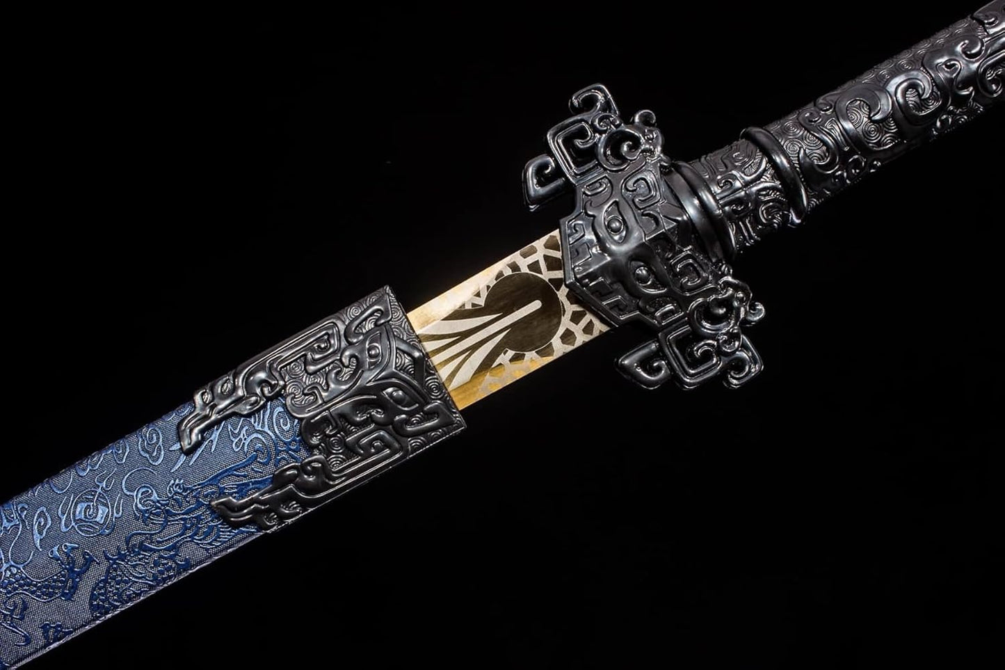 Golden Han Jian – Pattern Engraved Chinese Straight Sword with Blue Scabbard - Chinese Sword store