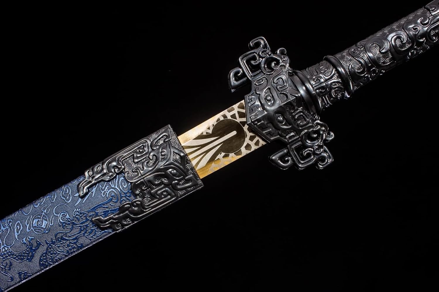 Golden Han Jian – Pattern Engraved Chinese Straight Sword with Blue Scabbard - Chinese Sword store