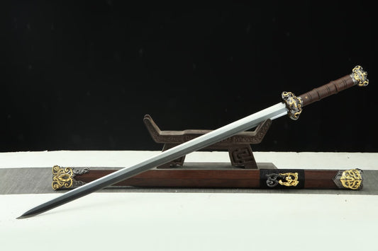 Dragon Han Jian | Folded Pattern Steel Chinese Sword with Eight-Sided Blade & Rosewood Scabbard