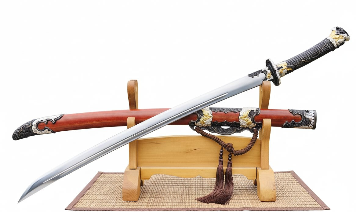 Crimson Dragon Qingdao | Hand-Forged Seven-Plate High-Carbon Steel Chinese Saber with Brass Fittings & Bloodwood Scabbard