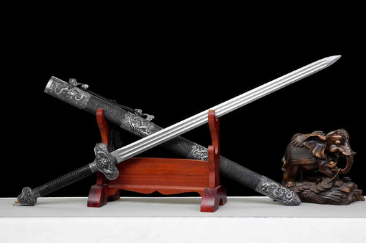 Jiulong Jian | Hand-Forged High Manganese Steel Chinese Sword with Double Fullers & Cord-Wrapped Handle