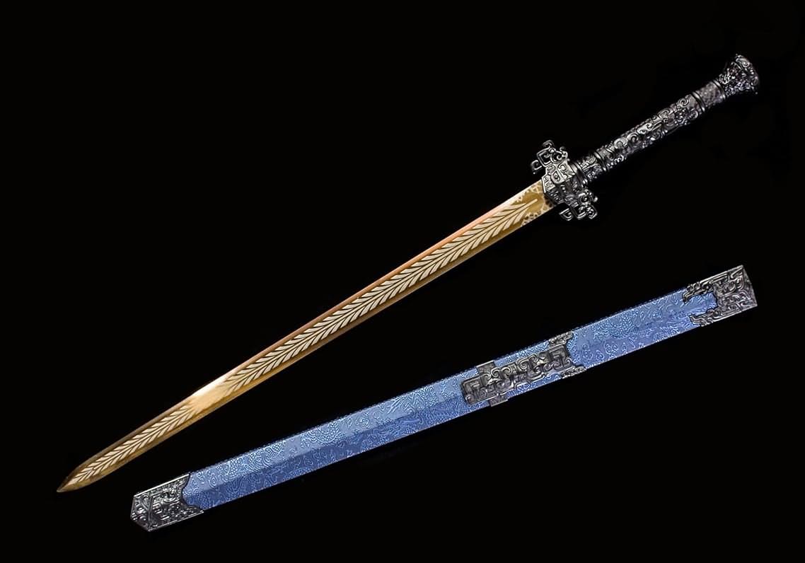 Golden Han Jian – Pattern Engraved Chinese Straight Sword with Blue Scabbard - Chinese Sword store