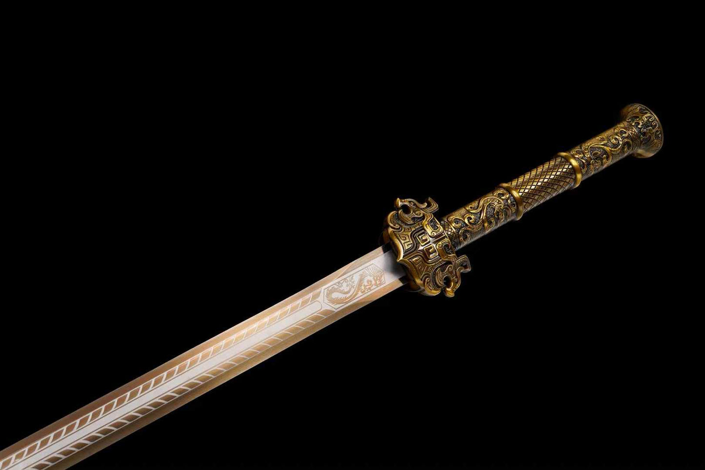 Yue King Jian Sword | Hand-Forged High Manganese Steel Chinese Jian with Bronze Alloy Fittings & Dragon Scabbard
