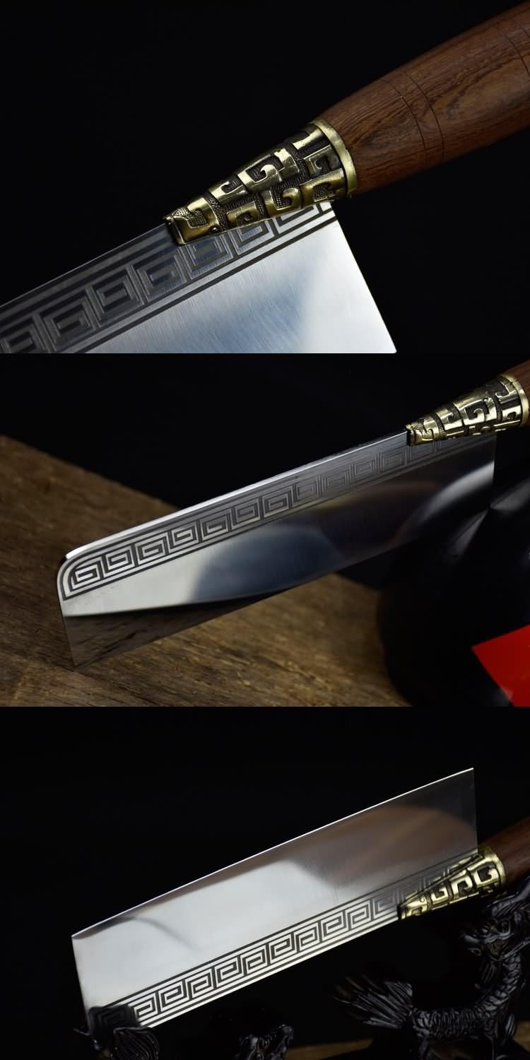 Handmade Chinese Slicing Knife | 7Cr17Mov Stainless Steel Cleaver with Geometric Engraving & Rosewood Handle
