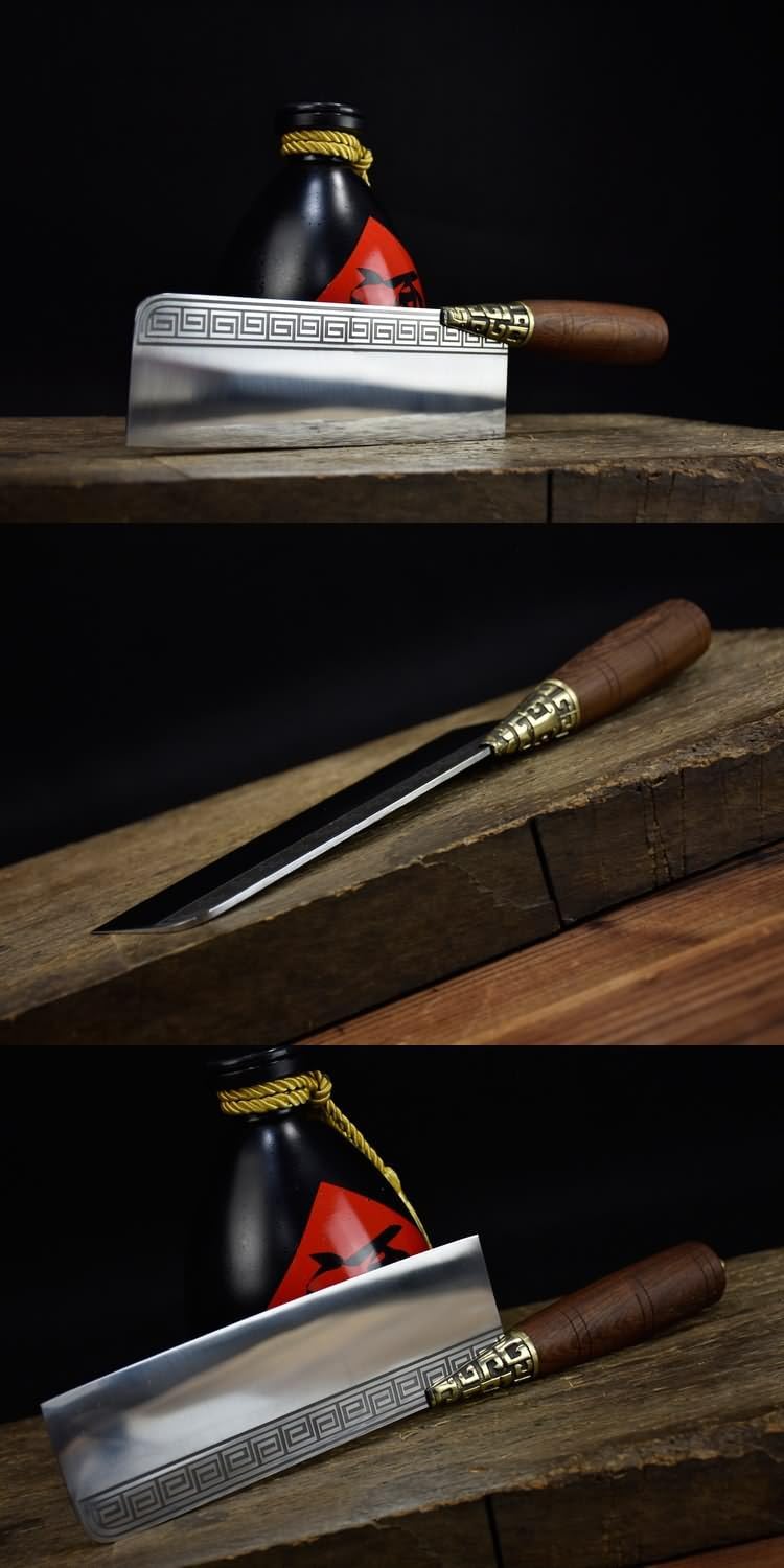 Handmade Chinese Slicing Knife | 7Cr17Mov Stainless Steel Cleaver with Geometric Engraving & Rosewood Handle
