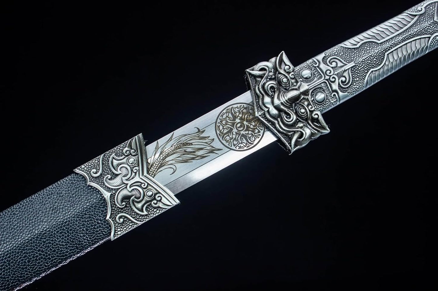 Dragon Han Sword,Forged High Carbon Steel Etch Blade,Fake Leather Scabbard