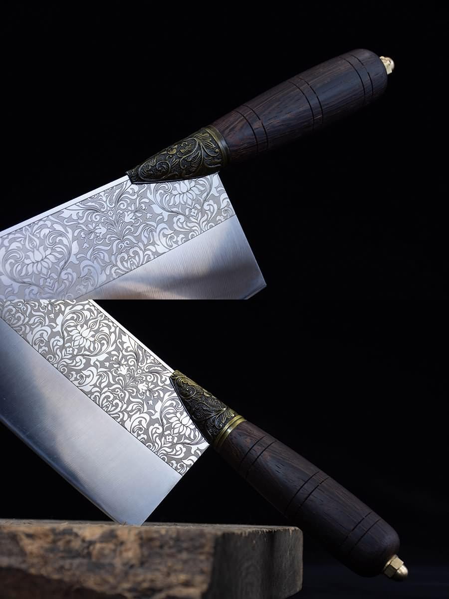 Handmade Chinese Cleaver Knife | 7Cr17Mov Stainless Steel Blade with Floral Engraving & Rosewood Handle