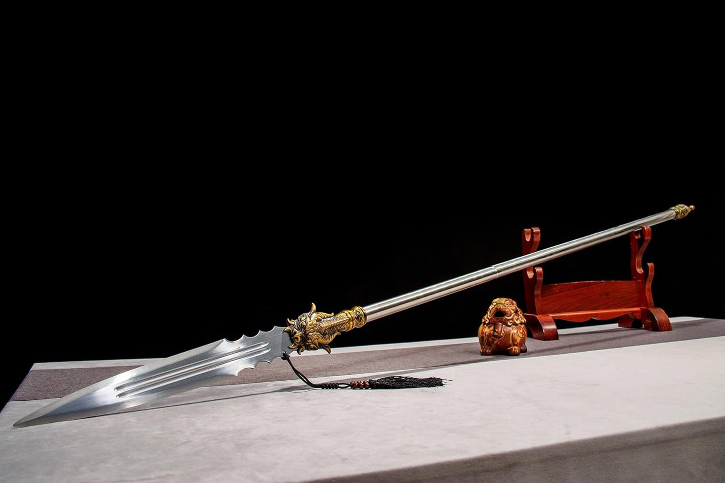 Yinglong Qiang | Hand-Forged High Manganese Steel Chinese Spear with Dragon Motif Socket & Polished Steel Shaft