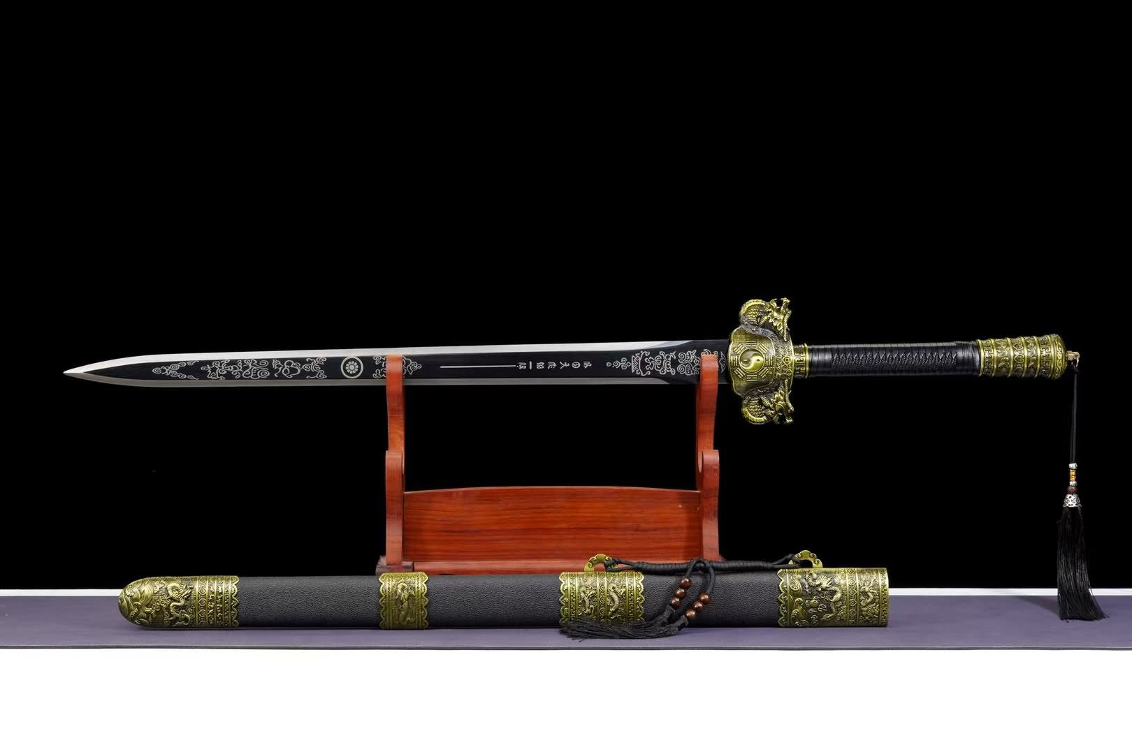 Bagua Jian | Hand-Forged High Manganese Steel Chinese Sword with Etched Blade & Leather-Wrapped Scabbard