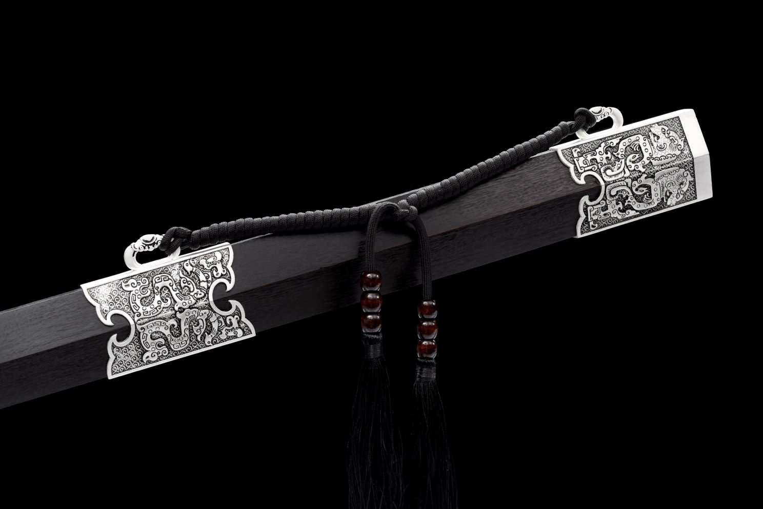 Chinese Swords Han jian Sword Real,Hand Forged Damascus Blades,Black Wood Scabbard,Alloy Handle